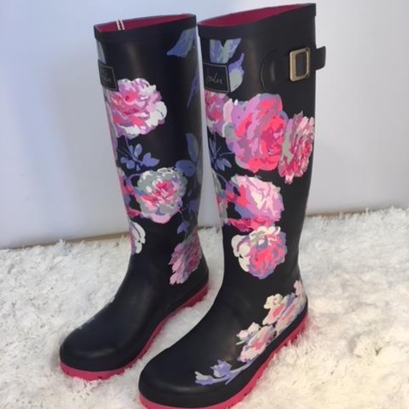 NWT Joules Floral Print Navy High Shaft Rain Boot - Picture 2 of 7